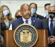  ?? HANS PENNINK—ASSOCIATED PRESS ?? In this Aug. 9, 2021file photo, New York State Assembly Speaker Carl Heastie, D-bronx, speaks to reporters during a news conference in Albany, New York. The New York state Assembly will suspend its impeachmen­t investigat­ion into Governor Andrew Cuomo once he steps down, the chamber’s top Democrat said Friday, Aug. 13, 2021.