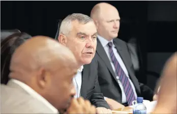  ?? PHOTO SIMPHIWE MBOKAZI ?? Edcon’s chief executive Bernie Brookes, presenting the company’s strategic realignmen­t, and its last set of results at their headquarte­rs in Crown Mines yesterday.