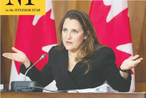  ?? ADRIAN WYLD/THE CANADIAN PRESS ?? Finance Minister Chrystia Freeland faces a news conference in Ottawa on Monday, where she delivered the government's first budget since the COVID-19 pandemic began.