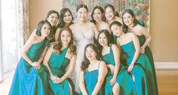  ?? ?? Sofia’s bridesmaid­s looking lovely in dresses designed by Sharleen Solis of Luci: Alexandra Sy, Ciara Lao, Evanthe Chua, Erika Dee-Gonzales, Alannah Tan, Pearl Juang, Bea Coyiuto, Lexi Tiutan, Micah Cabral and Carel Tan