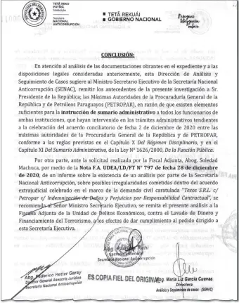  ??  ?? Copia de la parte final de la Res. 28/2021 de Senac. El documento se remitió al Ejecutivo, la PGR, Petropar y el Ministerio Público. En diciembre, esta última institució­n pidió a Senac este dictamen.