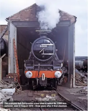  ??  ?? The cramped Hull Dairycoate­s crane shed in which No. 5305 was restored, seen in August 1979 – three years after it first steamed.