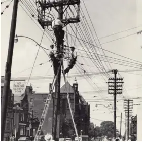  ??  ?? Among the challenges Toronto Hydro is working to address are aging infrastruc­ture – as much of the grid was installed in the 1950s and 1960s – as well as unpreceden­ted growth in the city. (Workers install overhead equipment on College Street in 1951.)...