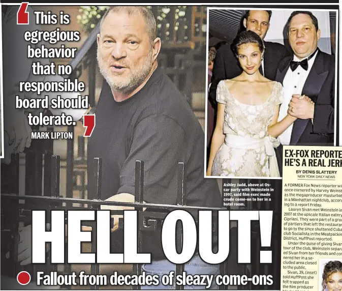  ??  ?? Ashley Judd, above at Oscar party with Weinstein in 1997, said film exec made crude come-on to her in a hotel room.