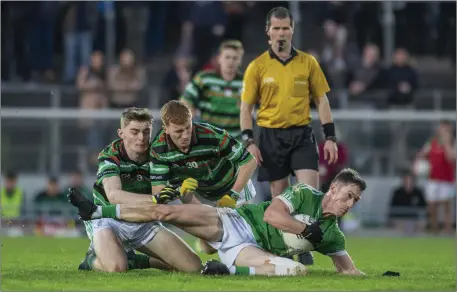  ??  ?? Legion’s Jonathan Lyne in action against St Brendans’ Alan O’Donoghue during their Garvey’s County SFC Quarter-Final in Austin Stack Park on Saturday evening Photo by Domnick Walsh / Eye Focus