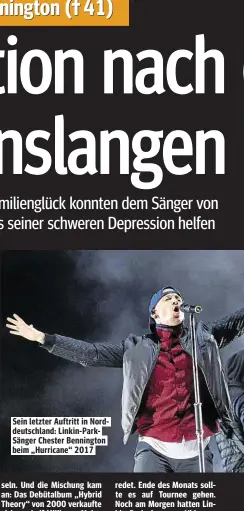  ??  ?? Sein letzter Auftritt in Norddeutsc­hland: Linkin-ParkSänger Chester Bennington beim „Hurricane“2017
