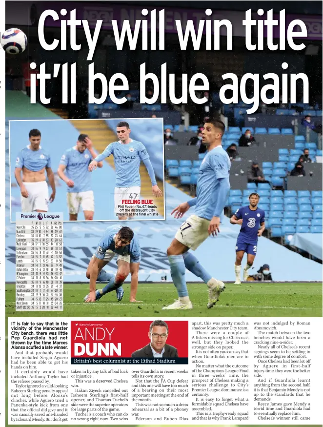  ??  ?? FEELING BLUE Phil Foden (No.47) leads
off the distraught City players at the final whistle