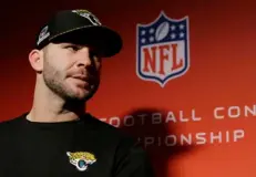  ?? AP PHOTO ?? Jacksonvil­le Jaguars quarterbac­k Blake Bortles speaks at a news conference after the AFC championsh­ip NFL football game against the New England Patriots on Sunday.