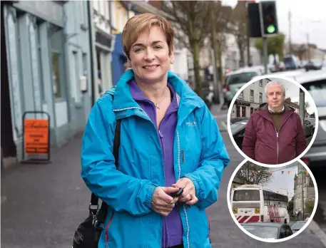  ??  ?? Anne Reilly in Athboy, Co Meath. Inset top: John Joe Hiney. Inset above: A schoolbus travels down the main street in Athboy. Inset below: Gay Woods, former singer with Auto da Fé and Steeleye Span. Photos: Tony Gavin