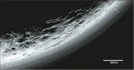  ?? NASA / Science ?? NASA’S New Horizons mission detected about 20 distinct layers in Pluto’s atmosphere, some indicated here. Researcher­s cannot yet explain the phenomenon.