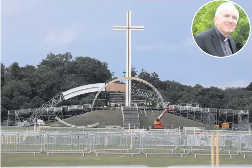  ??  ?? Getting ready: A stage is constructe­d around the papal cross in Phoenix Park for the visit of Pope Francis to Ireland and (inset) Bishop Brendan Leahy