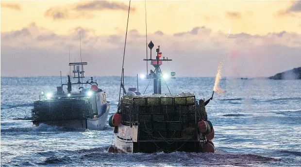  ?? ANDREW VAUGHAN / THE CANADIAN PRESS ?? A fisherman sets off fireworks as boats laden with traps head from West Dover, N. S., at dawn on Tuesday.