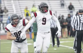  ?? Perry Laskaris / RPI athletics ?? Antonio Rogliano, left, and Amaechi Konkwo celebrate RPI’S upset in the second round of the Division III football playoffs on Saturday at Brockport.