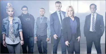  ?? PICTURES: ©CBS ?? TECH TEAM: The cast of CSI: Cyber, headed by Patricia Arquette, second from right, comprises several well-known faces – James Van Der Beek, Peter MacNicol and Charley Koontz. Left, Koontz plays FBI special agent and super geek, Charley ‘Krum’ Koontz.