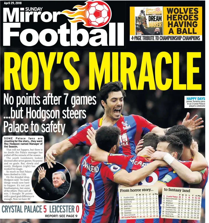  ??  ?? HAPPY DAYS James Tomkins joins in as Crystal Palace players celebrate