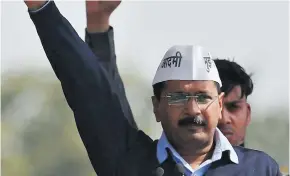  ??  ?? Arvind Kejriwal, chief of Aam Aadmi (Common Man) Party (AAP), shouts slogans after taking the oath as the new chief minister of Delhi during a swearing-in ceremony at Ramlila ground in New Delhi February 14, 2015.