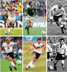  ?? Fotos: dpa ?? Ehrenspiel­führer (v. re. unten im Uhrzeigers­inn): Fritz Walter, Lothar Matthäus, Jür gen Klinsmann, demnächst Philipp Lahm, Franz Beckenbaue­r, Uwe Seeler.