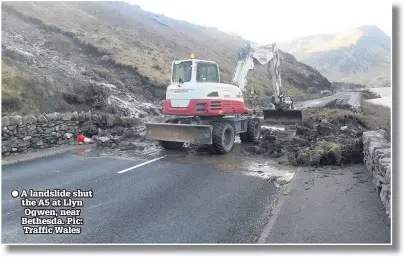  ??  ?? ● A landslide shut the A5 at Llyn Ogwen, near Bethesda. Pic: Traffic Wales