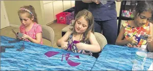  ?? CONTRIBUTE­D BY TIM LYONS ?? Sarah Gordon, Riley Lyons and Trisha Babji Rao cut out shoe patterns from old jeans during Riley’s birthday party Aug. 19 at her house in suburban Palm Beach Gardens.