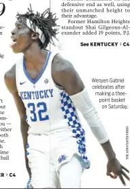  ??  ?? Wenyen Gabriel celebrates after making a theepoint basket on Saturday.