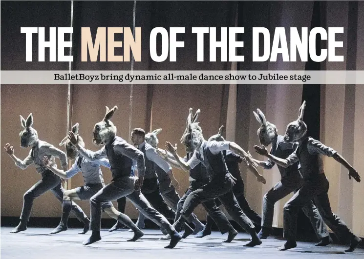  ?? PHOTOS: TRISTR M KENTON ?? Masked BalletBoyz dancers perform in a scene from Pontus Lidberg’s Rabbit at Sadler’s Wells in London.