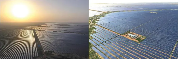  ?? — AFP photos ?? Photo shows solar panels at the site of solar energy projects developer Saurya Urja Company of Rajasthan Limited, at the Bhadla Solar Park in Bhadla, in the northern Indian state of Rajasthan.