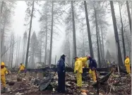  ?? AP PHOTO BY KATHLEEN RONAYNE ?? After a brief delay to let a downpour pass, volunteers resume their search for human remains at a mobile home park in Paradise, Calif., Friday, Nov. 23.