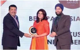  ??  ?? (L-R) Ajeet Bajaj, Founder, Snow Leopard Adventures; Prachi Tandon, Marketing & Communicat­ions Manager, Conrad Bengaluru, receives the Best Pan-Asian Cuisine award for Mikusu, Conrad Bengaluru; Jasdeep Singh, CPO, Sage Apothecary.