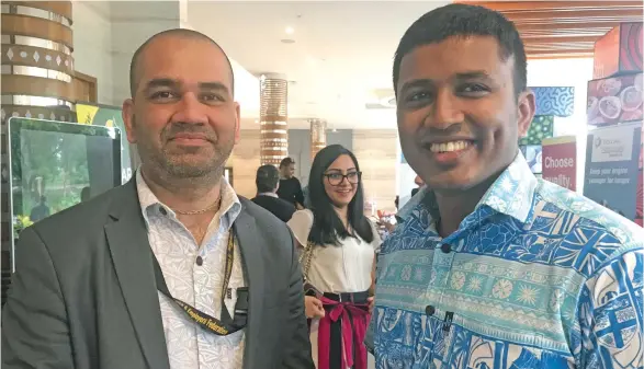  ?? Photo: Charles Chambers ?? Fiji Revenue and Customs Service CEO Visvanath Das and Fiji Competitio­n and Consumer Commission CEO Joel Abraham at the TOPEX Conference at Pullman Nadi Bay Resort.