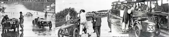  ?? ?? Above left: Philip Marriage suffers a breakdown during High Speed Trial, Brooklands, April 1932. Above centre: July 1931, Light Car Club Relay Race at Brooklands. Above right: May 1931 Brooklands Double Twelve Hours event. Below: at one of Graham’s favourite photo locations near Lincoln in 2021