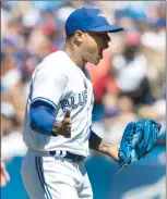  ?? Canadian Press photo ?? Toronto Blue Jays starting pitcher Marcus Stroman reacts after finishing the seventh inning of their American League MLB baseball game against the Houston Astros in Toronto on Saturday.