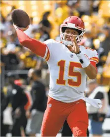  ?? Don Wright / Associated Press ?? In two games, Chiefs quarterbac­k Patrick Mahomes has thrown for 10 touchdowns with no intercepti­ons.