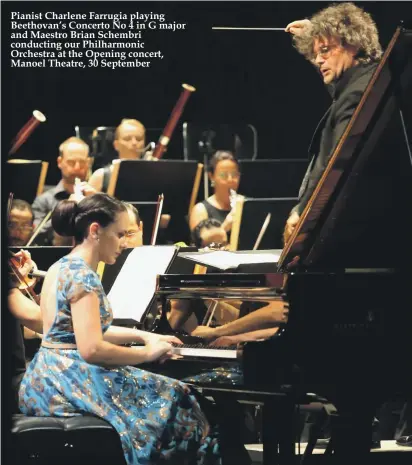  ??  ?? Pianist Charlene Farrugia playing Beethovan’s Concerto No 4 in G major and Maestro Brian Schembri conducting our Philharmon­ic Orchestra at the Opening concert, Manoel Theatre, 30 September