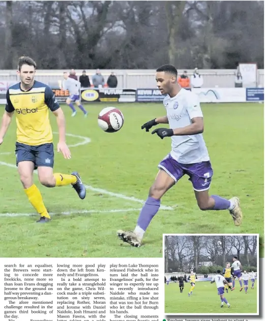  ?? Frank Crook ?? ●● Reuben Jerome rises highest to plant a header goalwards