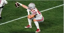  ?? ASSOCIATED PRESS ?? Ohio State tight end Jeremy Ruckert celebrates after a catch against Alabama in the National Championsh­ip Game in January. A senior, Ruckert decided to stick with the Buckeyes for another season as opposed to testing the NFL waters.