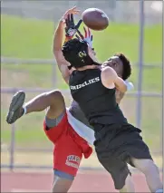  ?? Dan Watson/The Signal ?? Golden Valley corner Austin Acree, front, and Hart receiver Ashton Thomas fight for the ball during the passing tournament at Hart High.