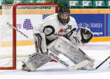  ?? CITIZEN PHOTO BY JAMES DOYLE ?? Prince George Cougars goaltendin­g prospect Tyler Brennan focuses on the puck during a training camp scrimmage on Aug. 24 at CN Centre. Brennan was a first-round selection in the 2018 WHL bantam draft.