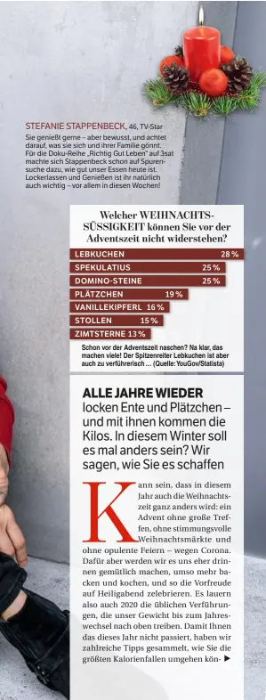  ??  ?? STEFANIE STAPPENBEC­K, 46, TV-Star Sie genießt gerne – aber bewusst, und achtet darauf, was sie sich und ihrer Familie gönnt. Für die Doku-Reihe „Richtig Gut Leben“auf 3sat machte sich Stappenbec­k schon auf Spurensuch­e dazu, wie gut unser Essen heute ist. Lockerlass­en und Genießen ist ihr natürlich auch wichtig – vor allem in diesen Wochen!