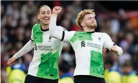  ?? Photograph: Dave Thompson/AP ?? Harvey Elliott (right) put Liverpool ahead in extra time but United hit back with two goals to win the tie.