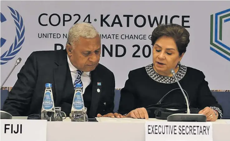  ?? Photo: DEPTFO NEWS ?? COP23 President and Fijian Prime Minister Voreqe Bainimaram­a ( left) in discussion­s with United Nations Framework Convention on Climate Change (UNFCCC) executive secretary, Patricia Espinosa.