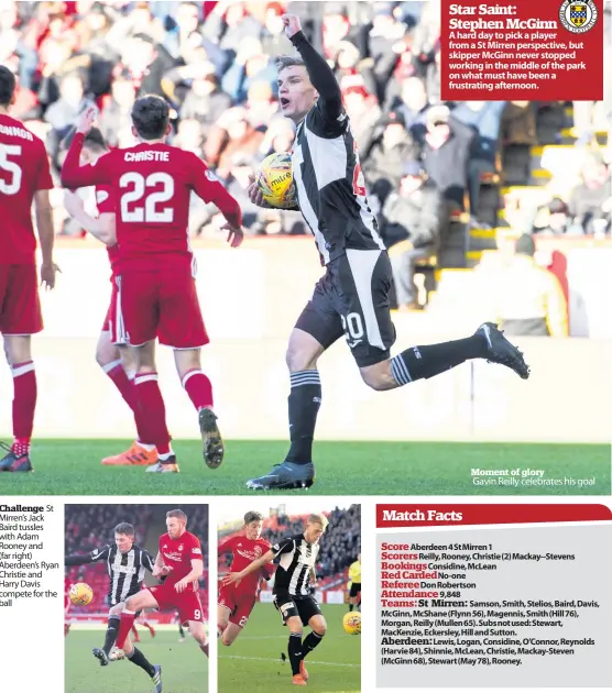  ??  ?? Challenge St Mirren’s Jack Baird tussles with Adam Rooney and (far right) Aberdeen’s Ryan Christie and Harry Davis compete for the ball Moment of glory Gavin Reilly celebrates his goal