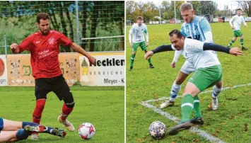  ?? Foto: Klaus Jais/Dieter Mack (Archivbild­er) ?? Zwölf-Tore-Stürmer unter sich: Im linken Bild in Rot Wechingens Axel Dürrwanger, im rechten Bild in Weiß-Grün SCNB-Torjäger Andre Gebele.