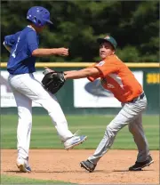  ??  ?? Second baseman Alonzo Menchaca, right, tags Spreckels Park's runner before throwing to first Sunday, July 8, during the 2018 Senior Division Norcal State Championsh­ip tournament at Shahzade Field at Mt. Whitney High School in Visalia. Portervill­e All Star team lost to Spreckels Park, 0-6.