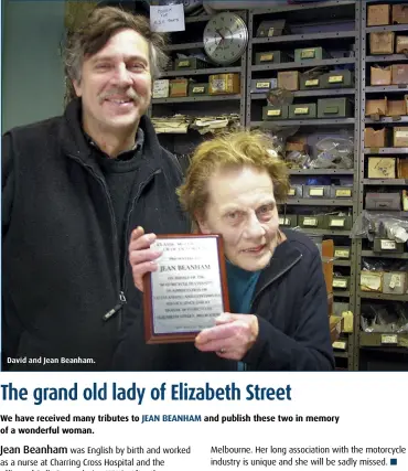  ?? David Beanham ?? David and Jean Beanham. Melbourne. Her long associatio­n with the motorcycle industry is unique and she will be sadly missed.