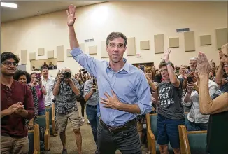  ?? JAY JANNER / AMERICAN-STATESMAN ?? Beto O’Rourke, the Democratic candidate for U.S. Senate, arrives Monday at his rally at Mt. Sinai Baptist Church in Austin. O’Rourke wants a say in the debate plans.