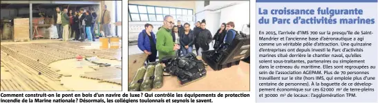  ??  ?? Comment construit-on le pont en bois d’un navire de luxe ? Qui contrôle les équipement­s de protection incendie de la Marine nationale ? Désormais, les collégiens toulonnais et seynois le savent.