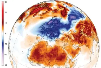  ??  ?? In blu le zone nella morsa del gelo, in rosso le zone (compreso il Polo Nord) in cui la temperatur­a è salita oltre la media
