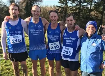  ??  ?? The S.B.R. men, bronze medal winners at the Masters cross-country championsh­ips in Adamstown.