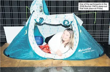  ??  ?? One of the participan­ts in the 2018 Burton YMCA sleep-out that took place on Friday