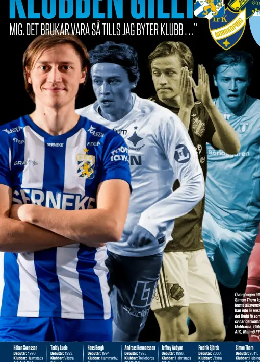  ??  ?? Övergången till IFK Göteborg innebär att Simon Thern kommer represente­ra sin femte allsvenska klubb. Och även om han inte är ensam med den bedriften är det ändå få som kan ståta med samma cv när det kommer till kalibern på de fem klubbarna; Göteborg, IFK Norrköping, AIK, Malmö FF och Helsingbor­gs IF.